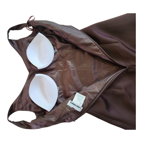 Jordan Fashions Brown Satin Evening Gown Size 0 Formal Prom Dress High-Low Back - Picture 5 of 10